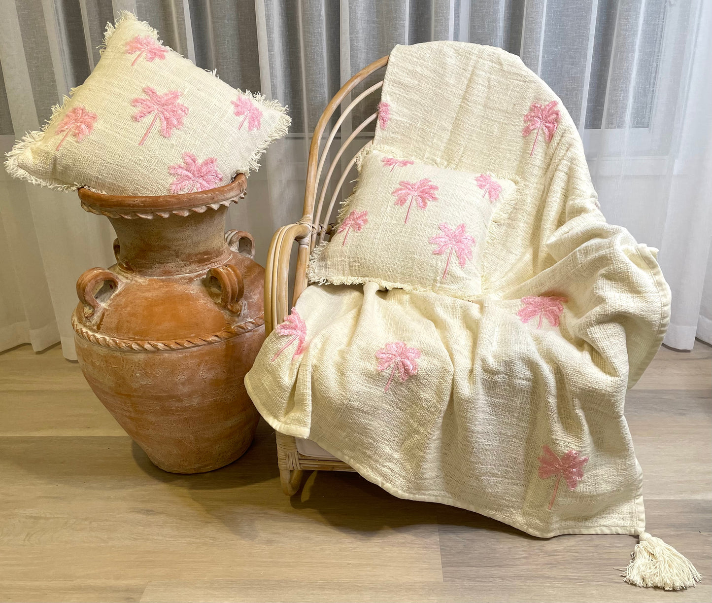 Bermuda Throw  - White Cotton Throw with Pink Palms