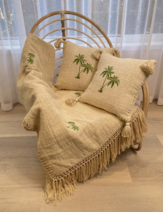 Waikiki Throw  - Natural Cotton Throw with Embroidered Green Palm