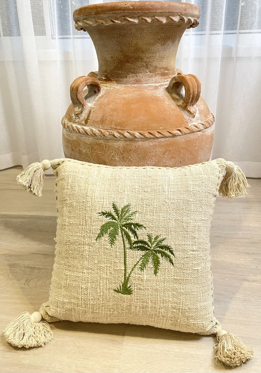 Waikiki Cushion  - Natural Cotton Cushion with Embroidered Green Palm